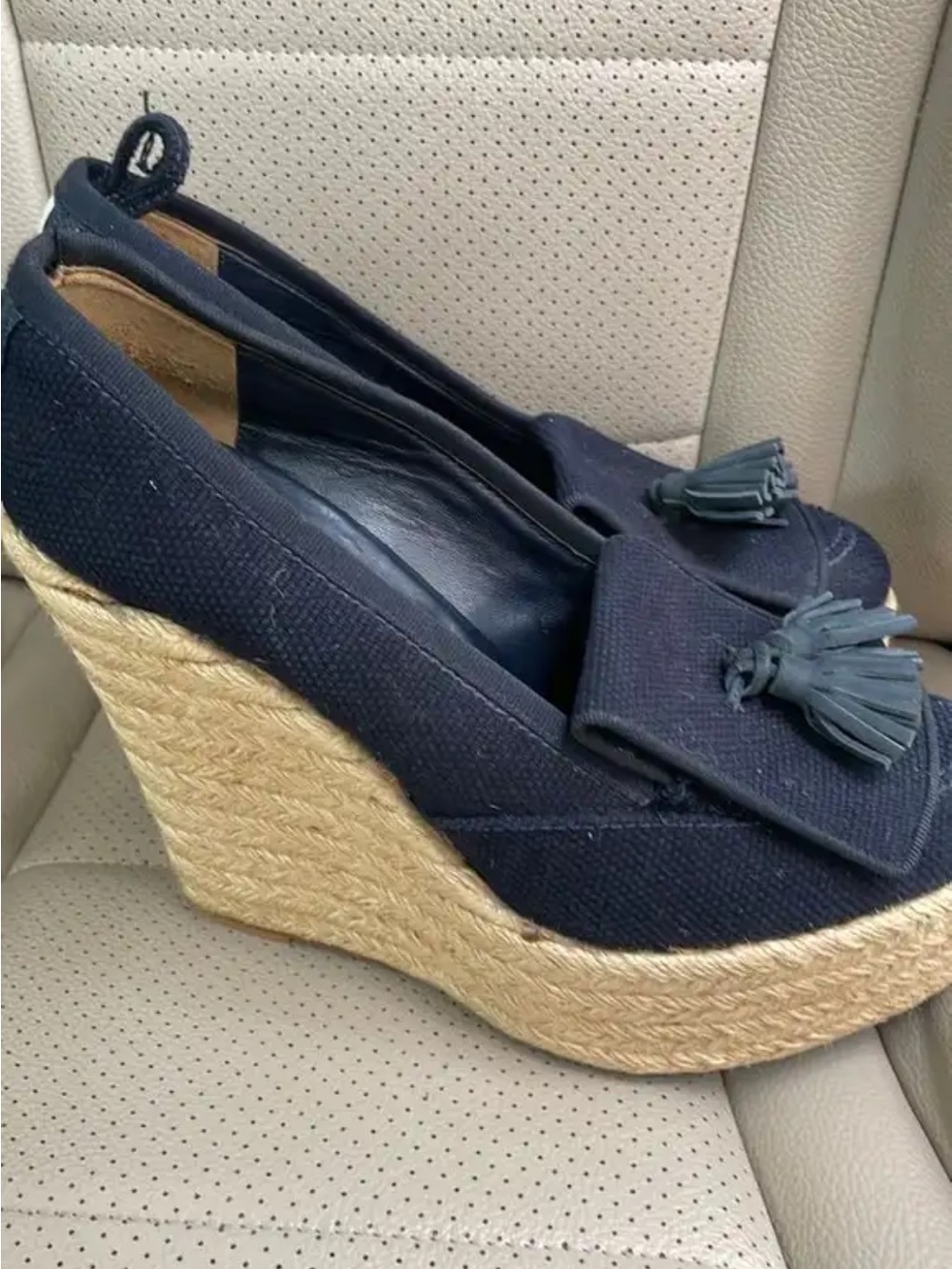 Navy blue Espadrille Tassel platform high heel wedge Women shoe